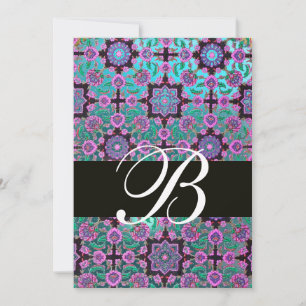 Invitation TOPKAPI BLUE BLACK DAMASK MONOGRAM rose vert