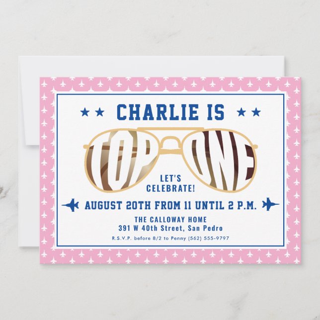 Invitation TopOne Rose Pilote de combat thème premier anniver (Devant)