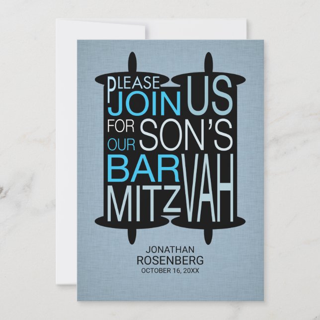Invitation Torah Bar Mitzvah moderne Gris et Bleu (Devant)