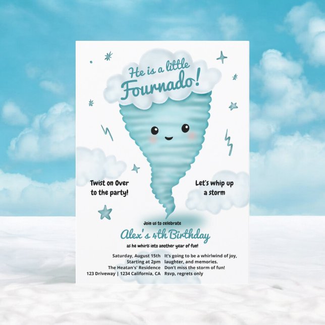 Invitation Tornade bleu mignonne Thème 4ème anniversaire Fête (Cute blue Tornado Themed 4th Birthday Kids party Invitation)