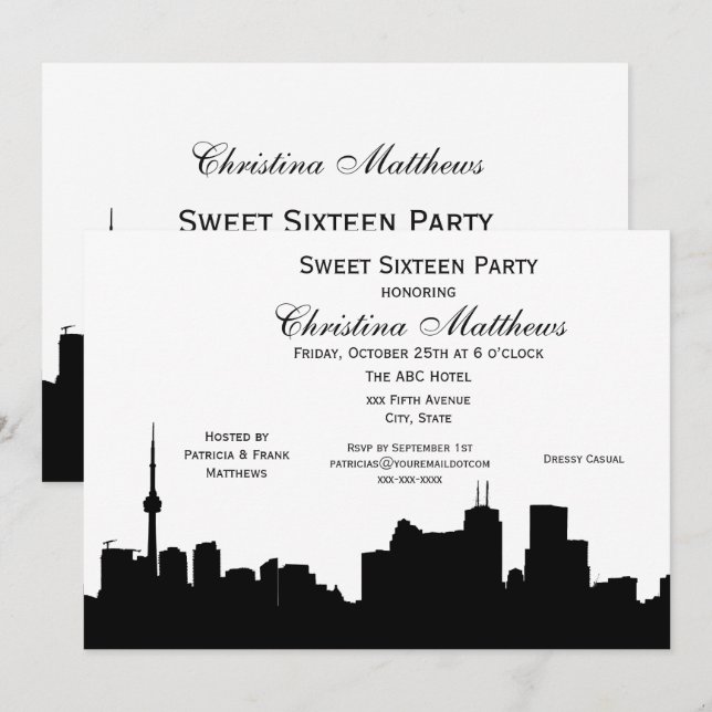 Invitation Toronto Silhouette DIY Fond de couleur Sweet 16 (Devant / Derrière)