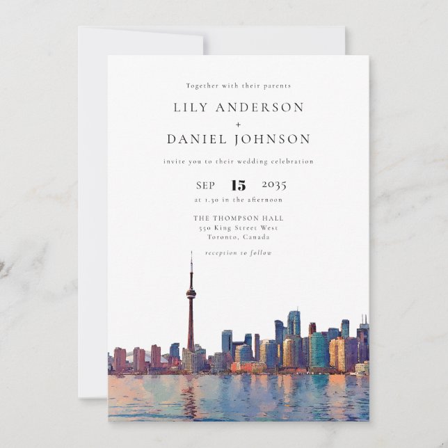 Invitation Toronto Skyline Watercolor QR Code Wedding (Devant)