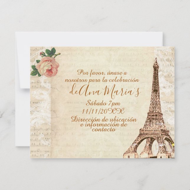 Invitation Torre Eiffel élégante lamentable de la Quinceanera (Dos)