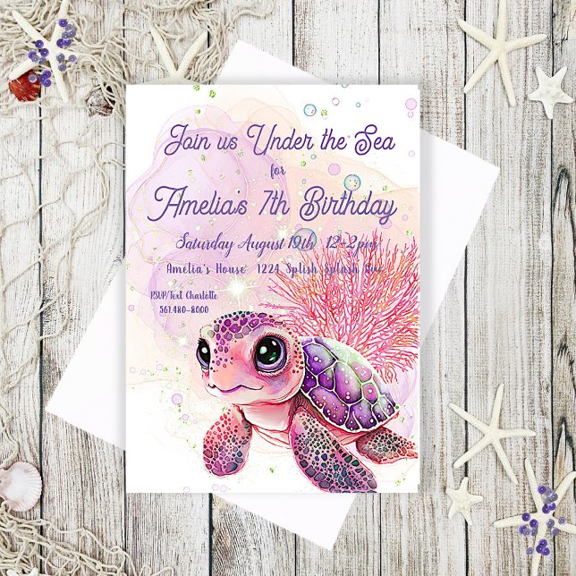 Invitation Tortue 7e anniversaire, sous la mer, (Créateur téléchargé)