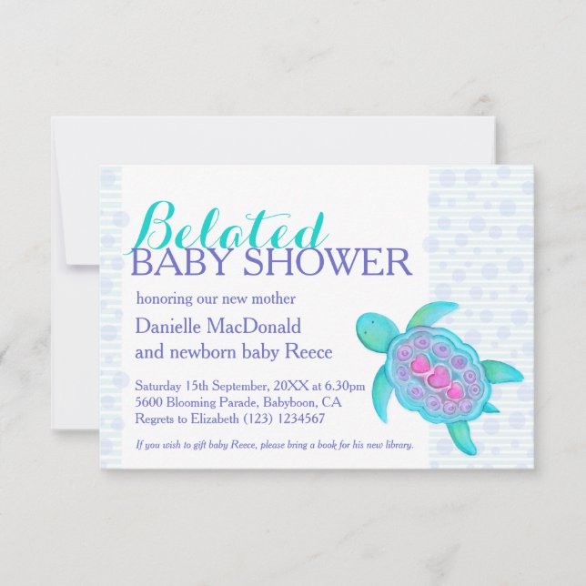 Invitation Tortue art baby shower tardif nouveau bébé aqua (Devant)