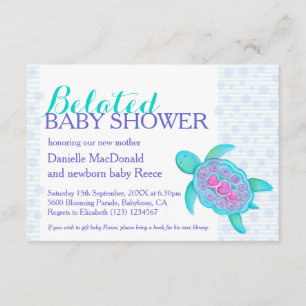 Invitation Tortue art baby shower tardif nouveau bébé aqua