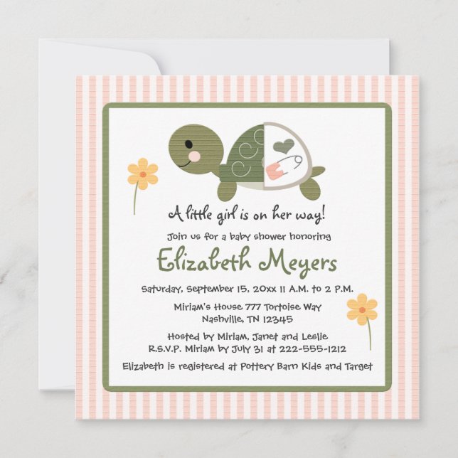 Invitation Tortue dans le rose d'invitations de baby shower (Devant)