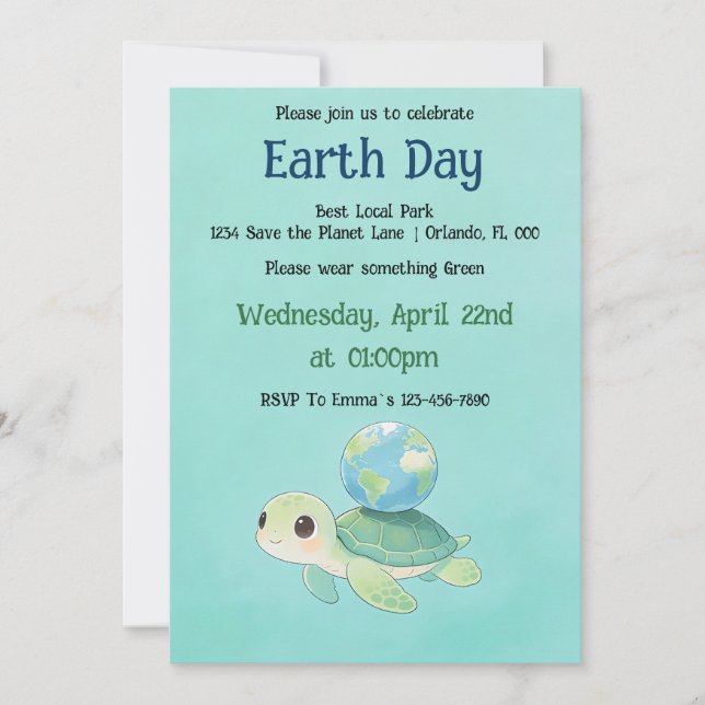 Invitation Tortue de la Journée de la Terre avec Globe (Devant)