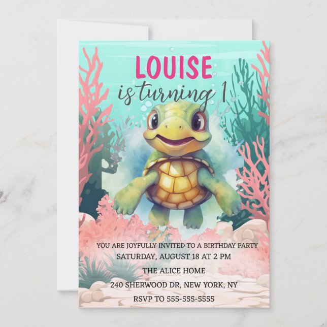 Invitation Tortue de l'aquarelle sous la mer Anniversaire (Devant)