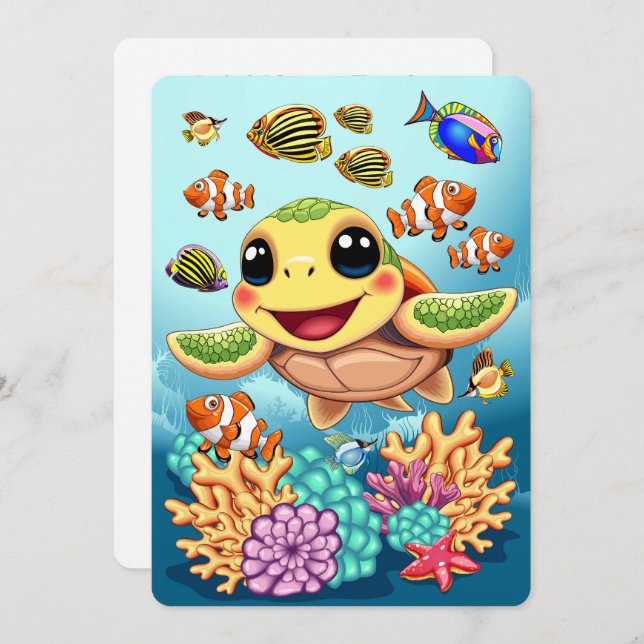 Invitation Tortue de mer Bébé heureux et mignonne personnage (Devant / Derrière)