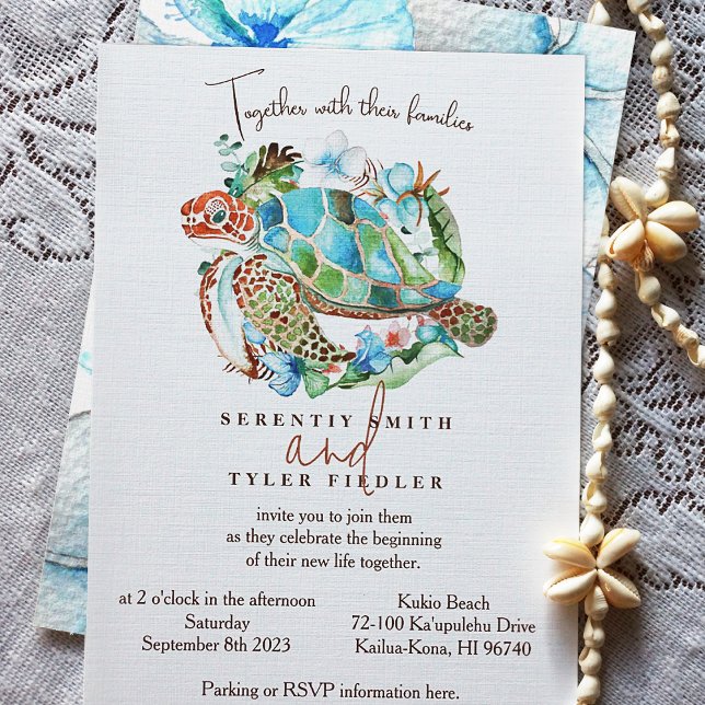 Invitation Tortue de mer, Mariage de couronne bleu tropical (Watercolor Sea Turtle Wedding Invitation for Sea Blue, Green, Brown Island Color Theme)