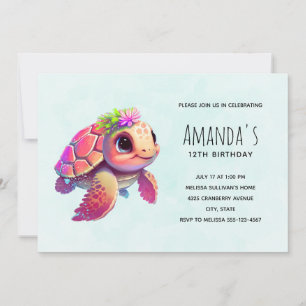 Invitation Tortue de mer rose Fantaisie et joyeux anniversair