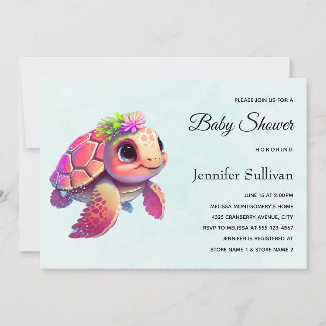 Invitation Tortue de mer rose Whimsical & mignon (Devant)