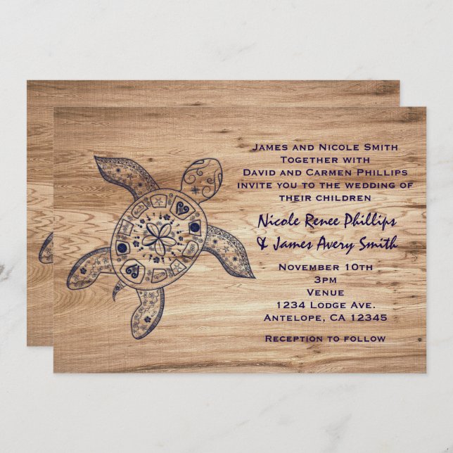 Invitation Tortue hawaïenne et mariage léger en bois Invitati (Devant / Derrière)