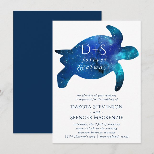 Invitation Tortue marine de Galaxie | Mariage de monogramme (Devant / Derrière)