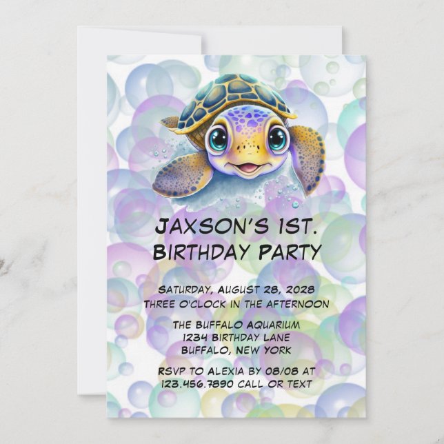 Invitation Tortue mignonne et bulles 1er anniversaire fête (Devant)