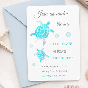 Invitation Tortue sous l'eau Aquarelle 1er Anniversaire