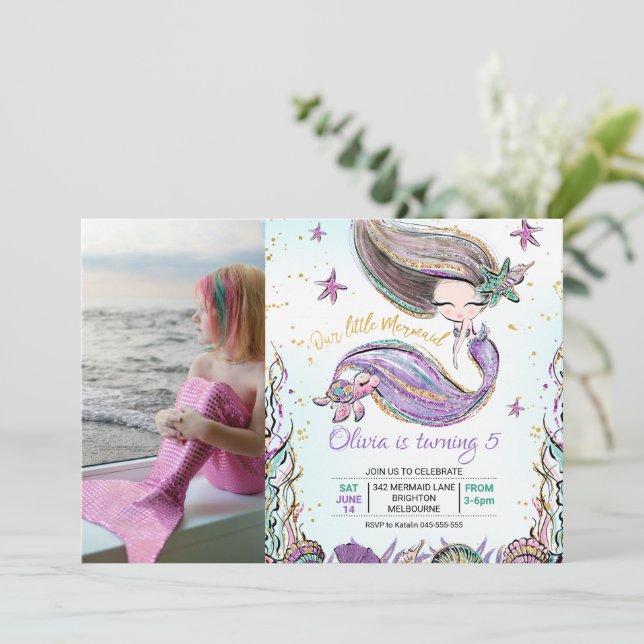Invitation Tortue Turquoise mauve photo Anniversaire (Debout devant)