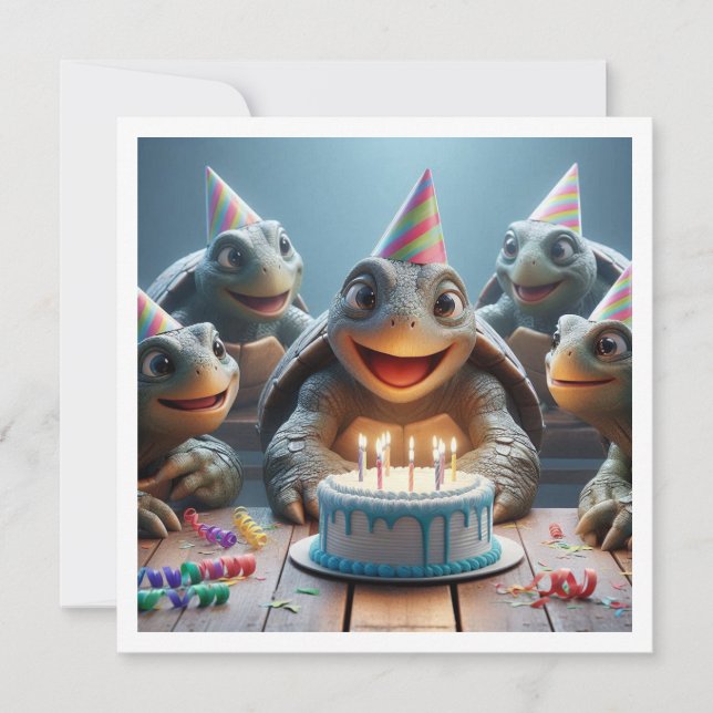Invitation Tortues célébrant l'anniversaire avec gâteau et ca (Devant)