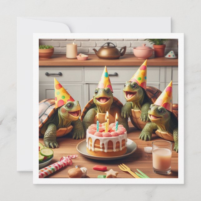 Invitation Tortues célébrant l'anniversaire avec gâteau et ca (Devant)