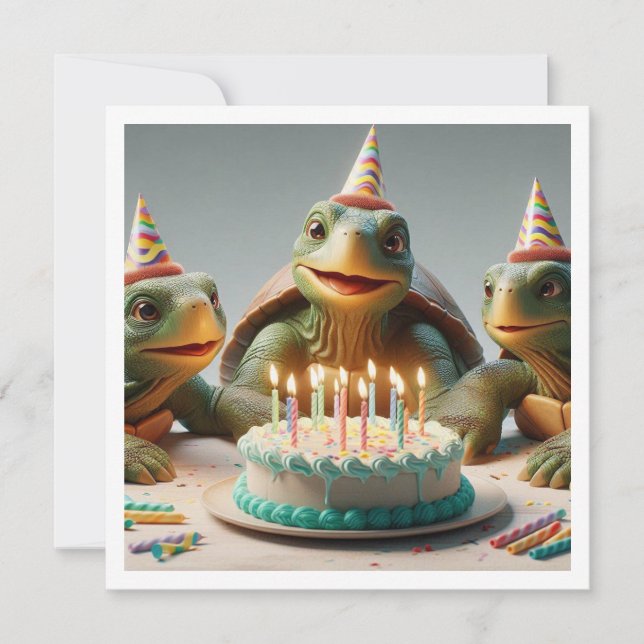 Invitation Tortues célébrant l'anniversaire avec gâteau et ca (Devant)