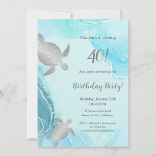 Invitation Tortues de mer argentées Encre bleue Annivers