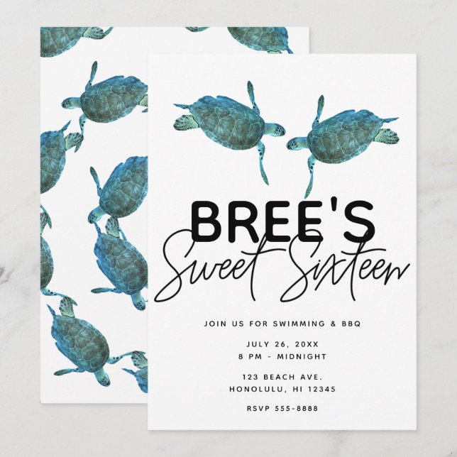 Invitation Tortues de mer bleu sarcelle Fête d'anniversaire d (Devant / Derrière)