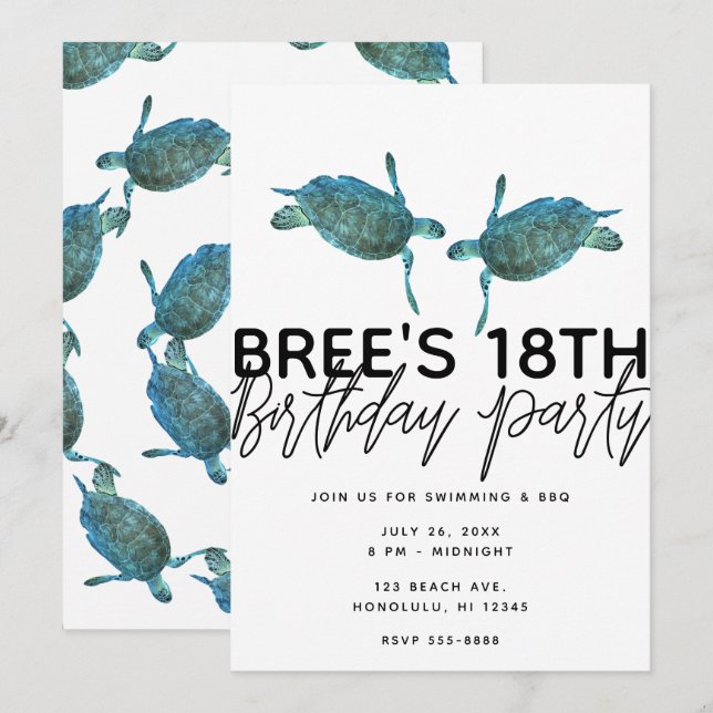 Invitation Tortues de mer bleu sarcelle Fête d'anniversaire s (Devant / Derrière)