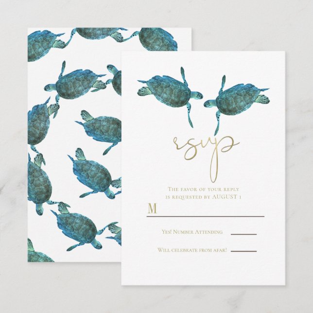 Invitation Tortues de mer bleu sarcelle Or Mariage Plage RSVP (Devant / Derrière)