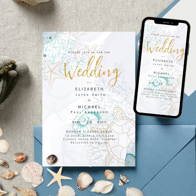 Invitation Tortues de mer Vie océanique Plage Bleu vert Maria (Créateur téléchargé)