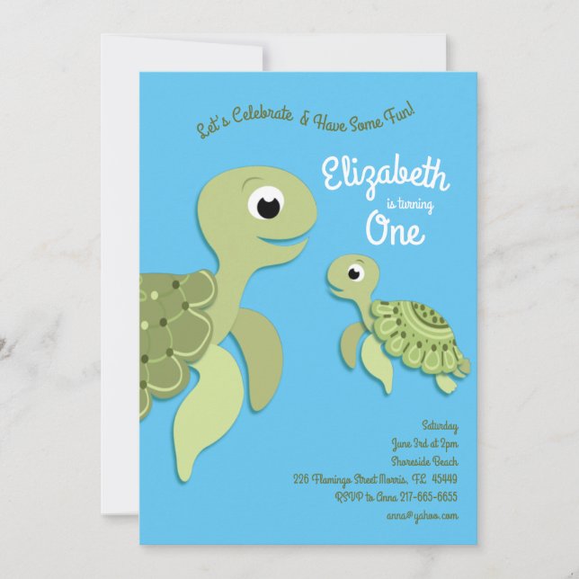 Invitation Tortues marines mignonnes Enfants 1er anniversaire (Devant)