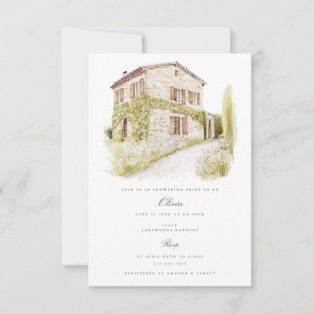 Invitation Toscane Aquarelle Italie Douche nuptiale Invitatio (Devant)