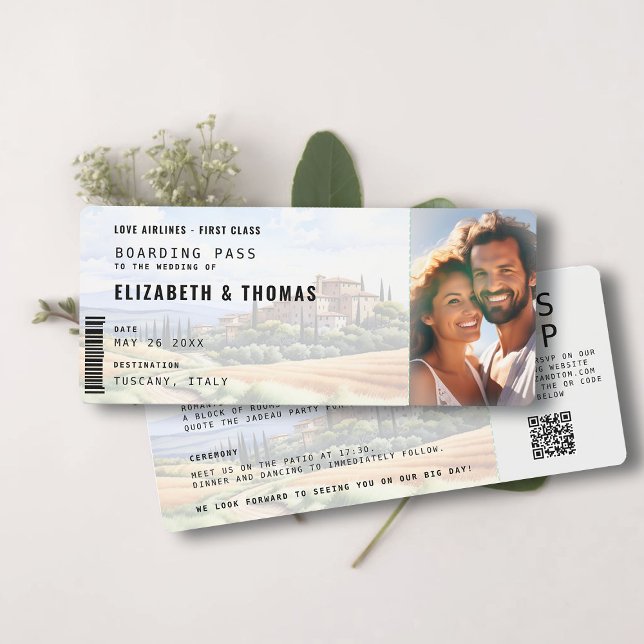 Invitation Toscane Destination Boarding Pass Mariage photo (tuscany destination wedding invitation boarding pass all in one qr code photo template)
