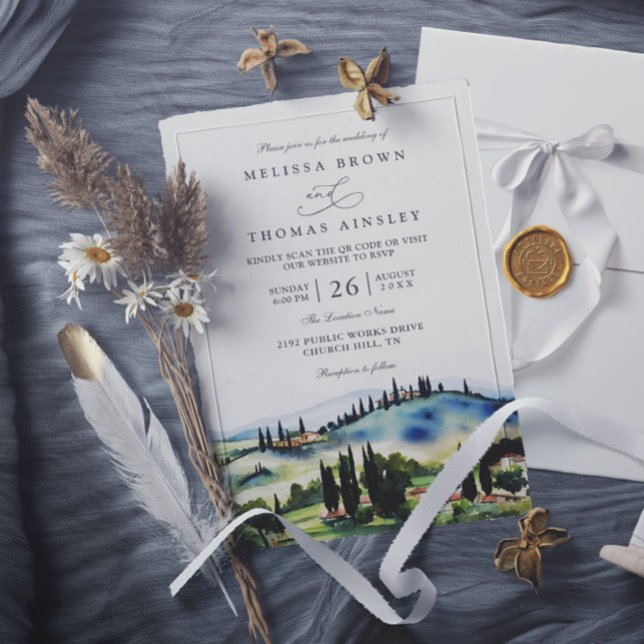Invitation Toscane Italie Paysage Aquarelle Code QR Mariage (Créateur téléchargé)