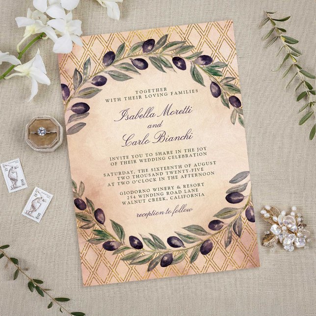 Invitation Toscane treillis d'or et Branches d'olive Mariage (Tuscan Gold Lattice and Olive Branches Wedding Invitations)