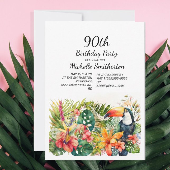 Invitation Toucan Floral Tropical 90e Anniversaire  (Créateur téléchargé)
