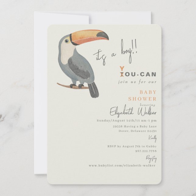 Invitation Toucan Rejoignez-Nous C'est une Fête de Naissance  (Devant)