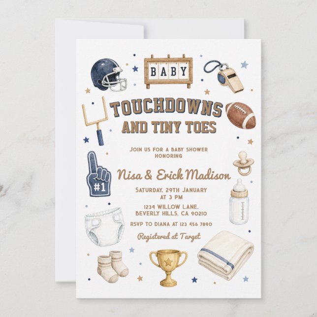 Invitation Touchdown Tiny Toes Baby Shower pour couples de la (Devant)
