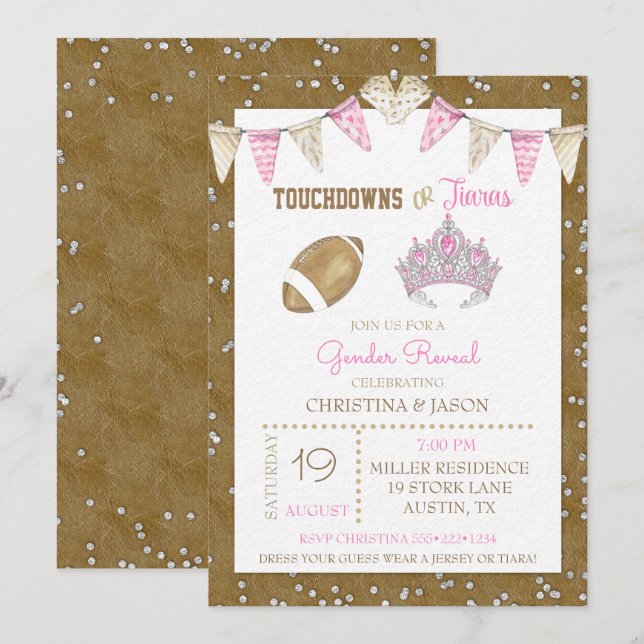 Invitation Touchdowns ou Tiaras Aquarelle Rose Révélation du  (Devant / Derrière)