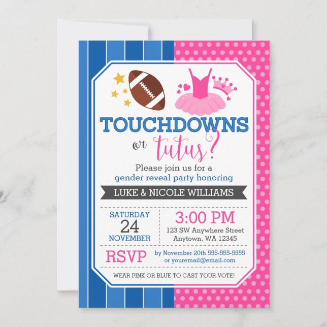 Invitation Touchdowns ou Tutus Blue Rose Genre Reveal Party (Devant)