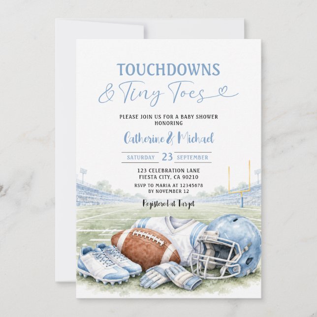 Invitation Touchdowns Tiny Toes Fête de Bébé Football Bleu (Devant)