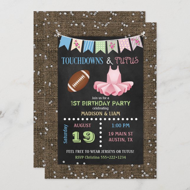 Invitation Touchdowns & Tutus Twins Anniversaire ou Baby show (Devant / Derrière)