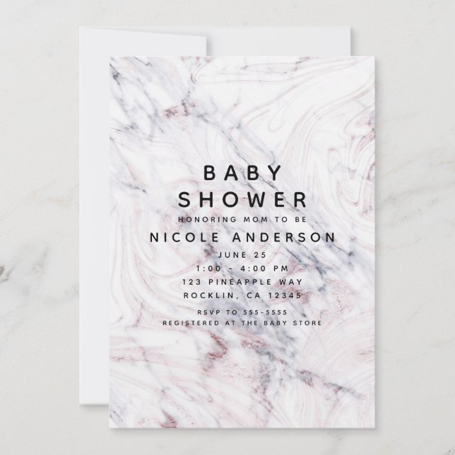 Invitation Touche de Rose Blanche Marbre Grise Tourbillon Bab (Devant)