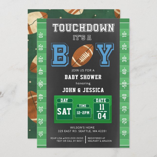 Invitation Touchez son Baby shower de football garçon (Devant / Derrière)