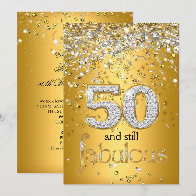 Invitation Toujours Fabuleux 50 ans Streamers Or Argent Fête  (Devant / Derrière)