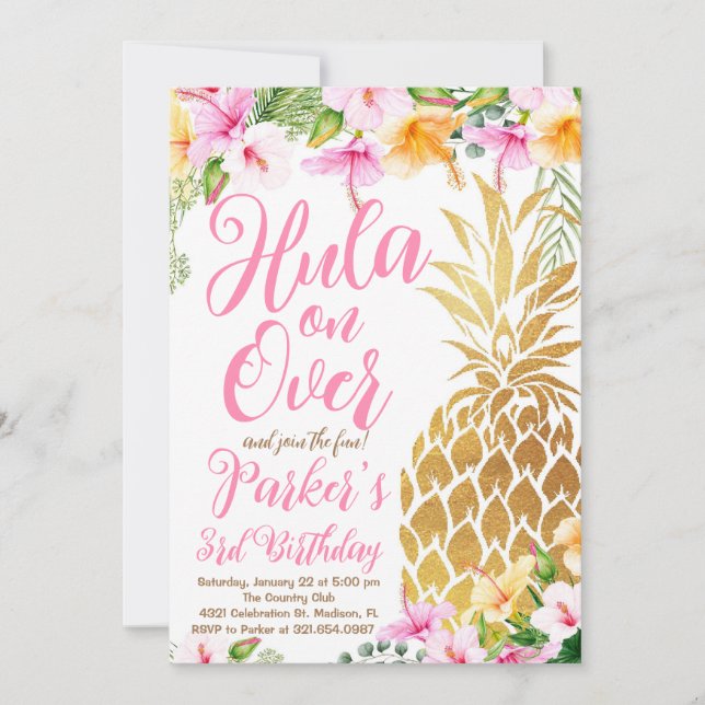 Invitation Toule rose rousse sur, Luau, Anniversaire d'ananas (Devant)