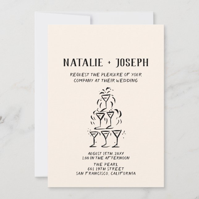 Invitation Tour Champagne Dessinée À La Main En Un Mariage (Devant)