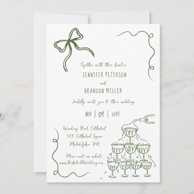 Invitation Tour de champagne Bow vert mariage décalé (Devant)