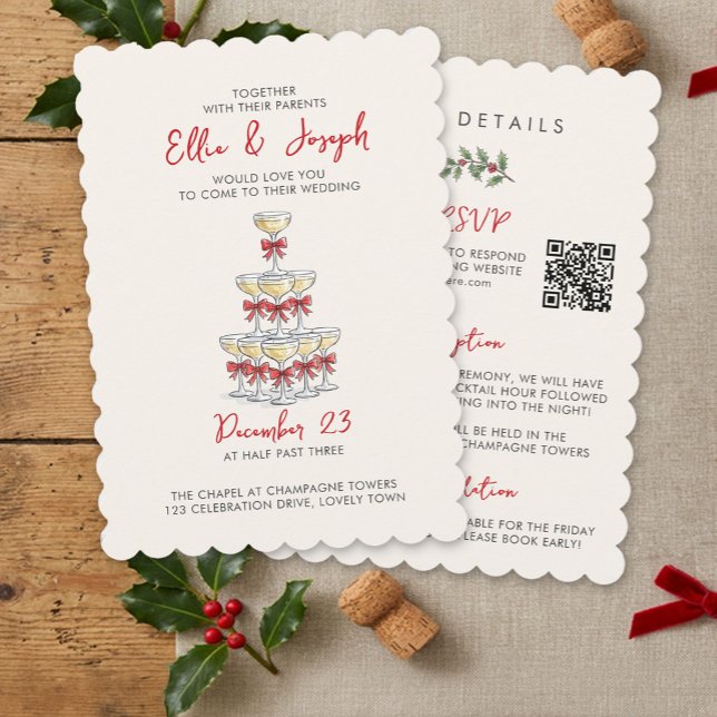 Invitation Tour de champagne Code QR RSVP Mariage Tout-En-Un (All in One QR Wedding Invite from the Whimsical Champagne Tower Holiday Wedding Set by Darling & May)