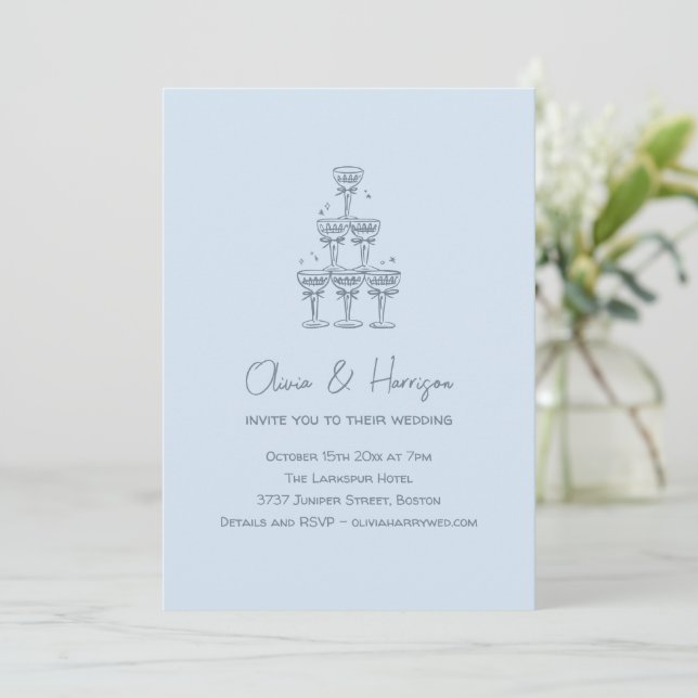 Invitation Tour de champagne Doodle Bleu Froid Mariage (Debout devant)